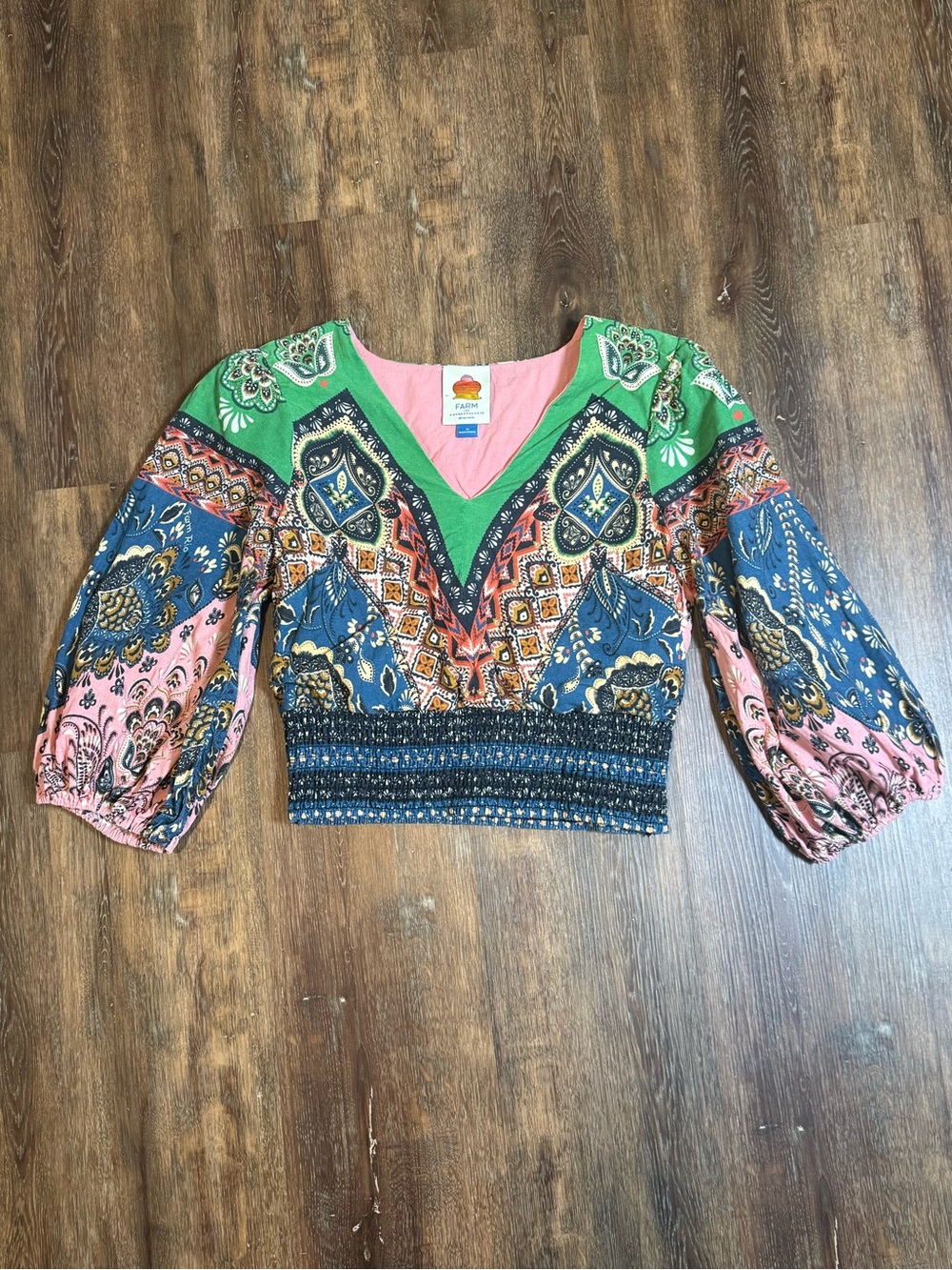 Farm Rio Anthropologie | Mixed Print Smocked Crop Top Boho Blouse | Sz M